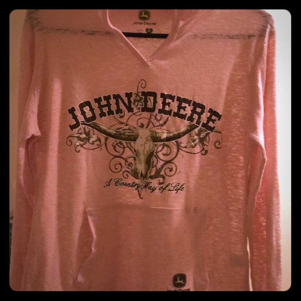 John Deere pink, hooded, long sleeve women’s shirt